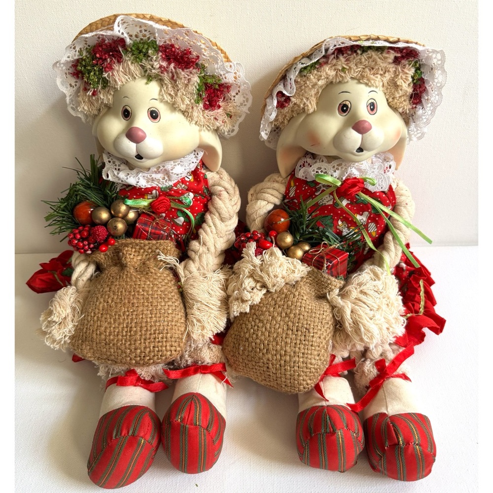 Vtg House Of Lloyd Flossie Bunny Pair Shelf Sitters Christmas Rabbits Holiday
